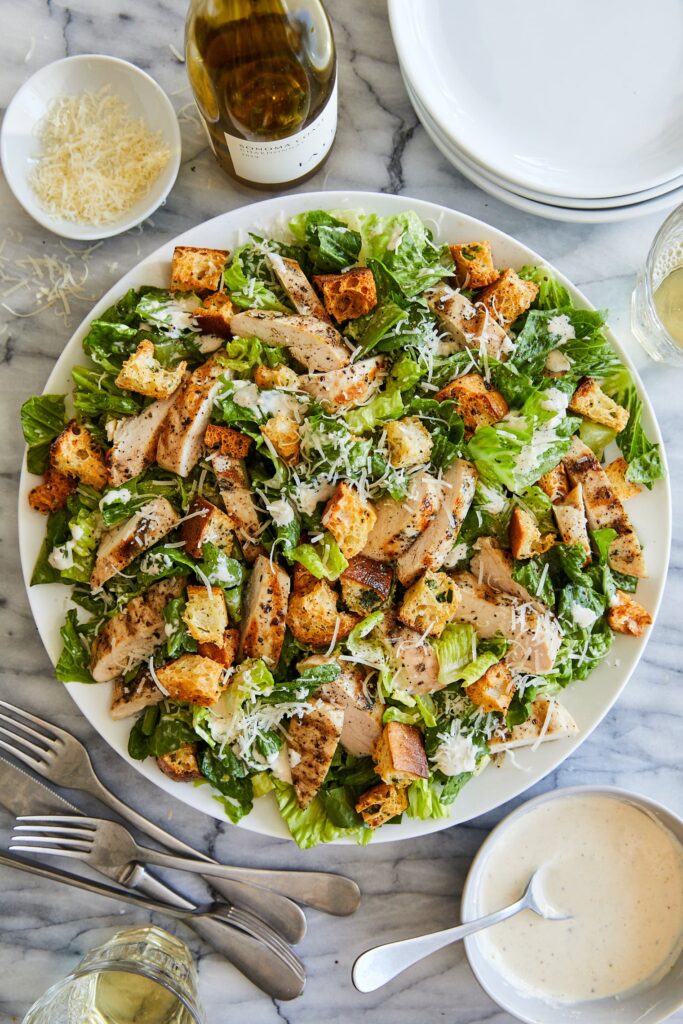 Chicken Caesar salad with grilled chicken and romaine lettuce