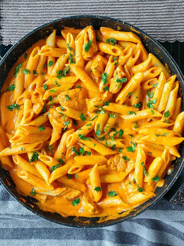 Creamy butter chicken pasta made with tender chicken and rich tomato cream sauce