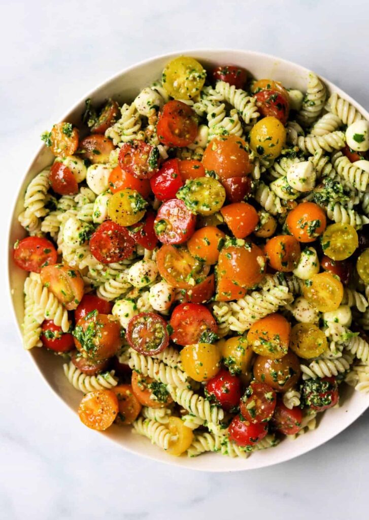 Finished pesto pasta salad ready to serve
