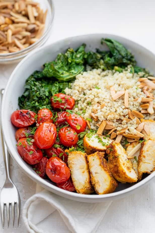 Chicken quinoa bowl served fresh in a bowl