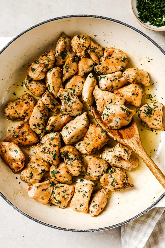 One-pan garlic butter chicken skillet with tender chicken bites and buttery garlic sauce