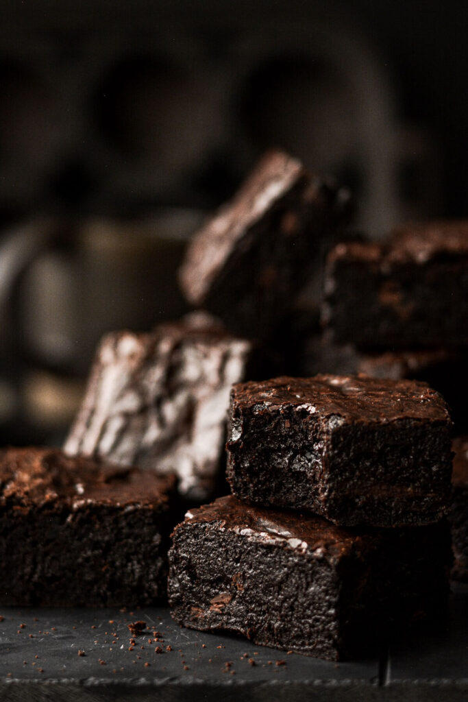 Fluffy fudgy brownies served on a plate