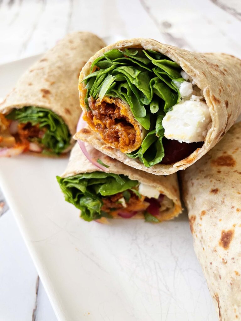 Easy Mediterranean wrap rolled and ready to serve