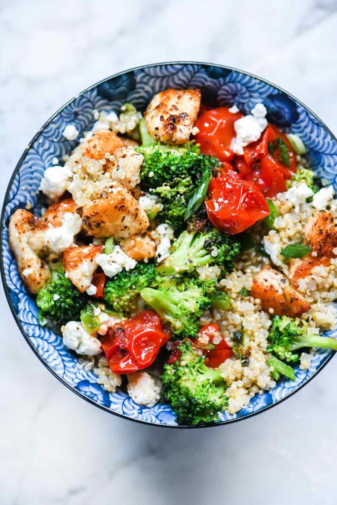 Chicken quinoa bowl with quinoa, chicken, and vegetables