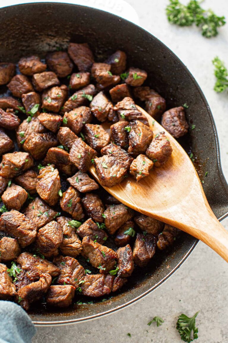 High protein garlic butter beef bites prepared for a quick dinner