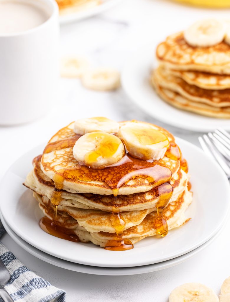 Homemade fluffy banana pancakes ready to eat