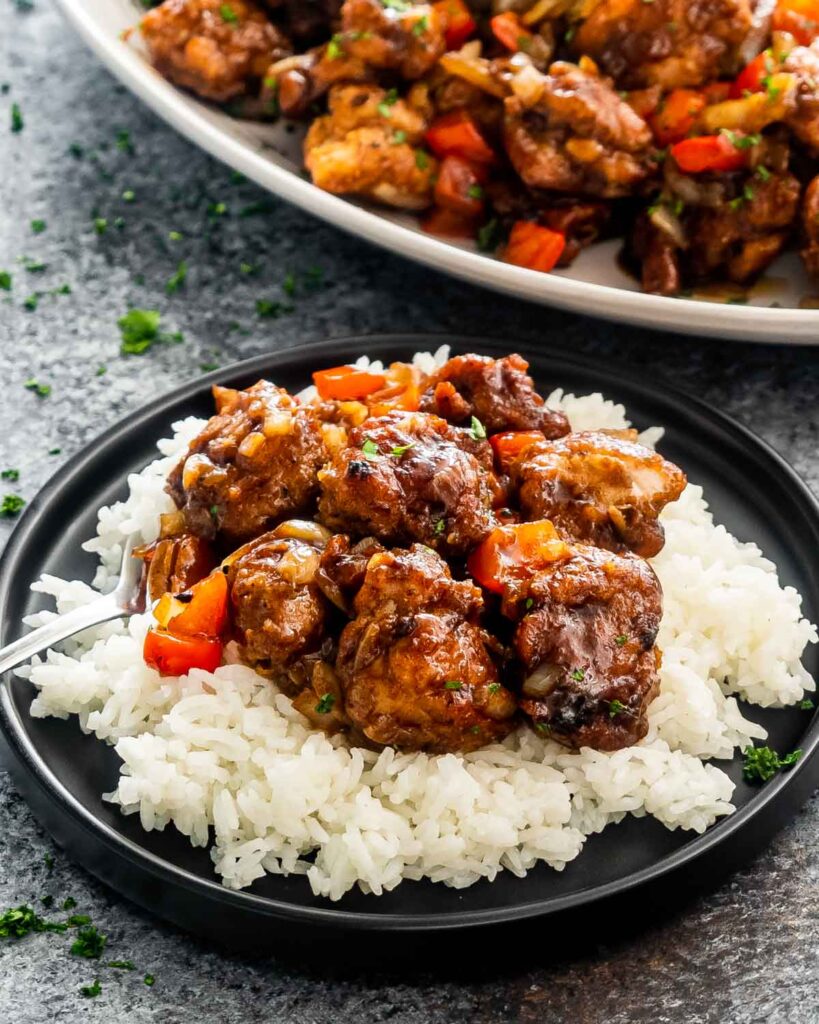 Black pepper chicken served with rice