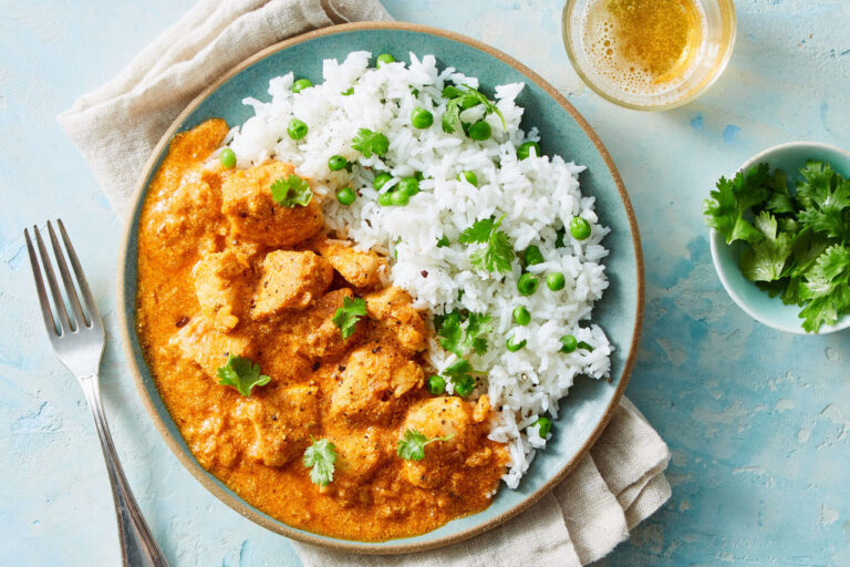 Chicken tikka masala served with rice