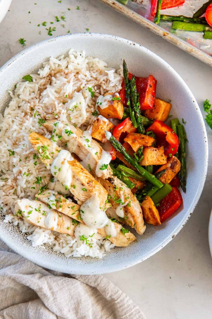 High protein chicken bowl with rice and vegetables