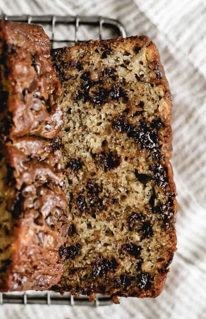 Close-up of chocolate chip banana bread showing moist crumb and chocolate chips