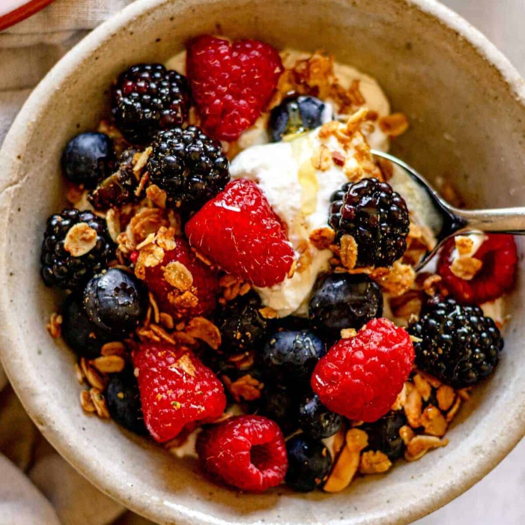 High protein Greek yogurt bowl served fresh
