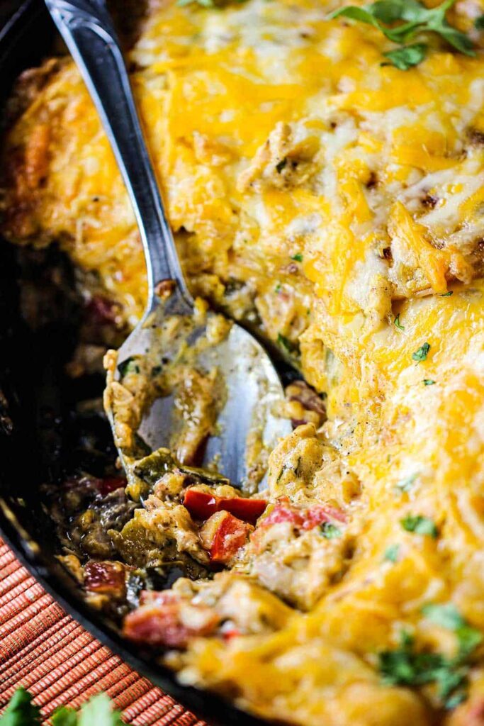 Easy King Ranch chicken casserole baked with cheese