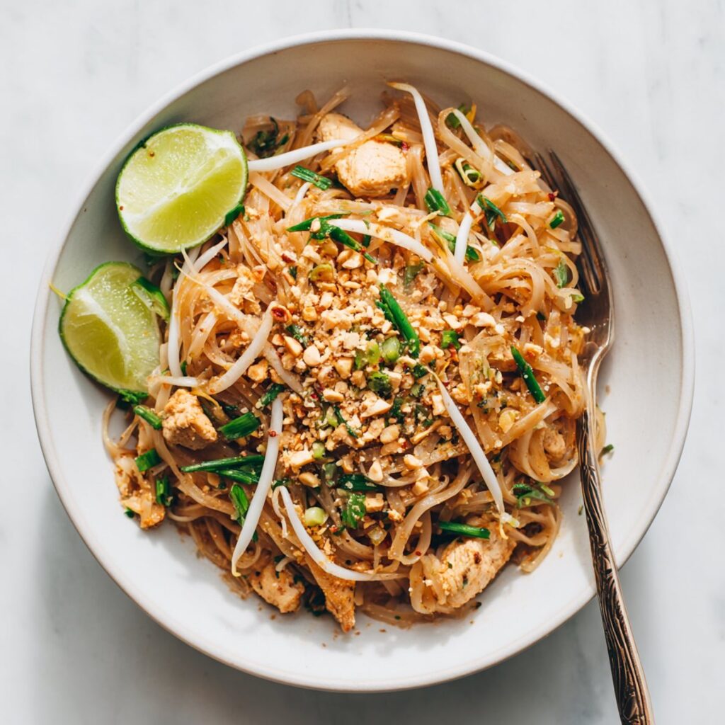 Chicken Pad Thai with rice noodles, chicken, and peanuts