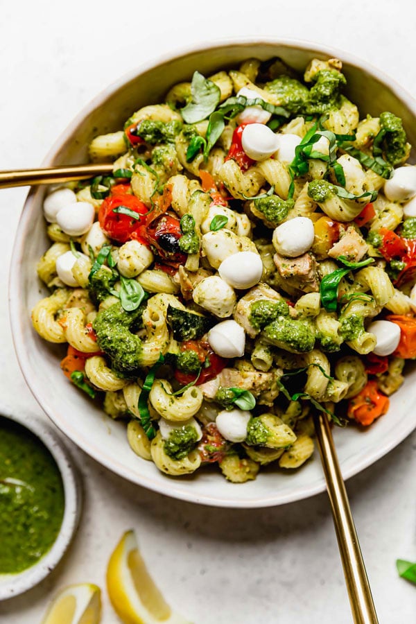 Homemade pesto pasta salad ready to eat